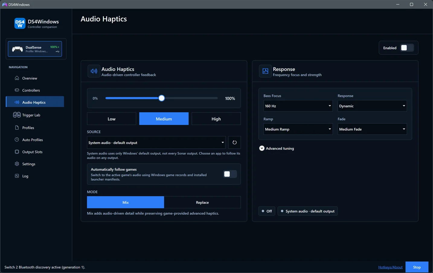 Audio Haptics page with audio source, controller output and response controls