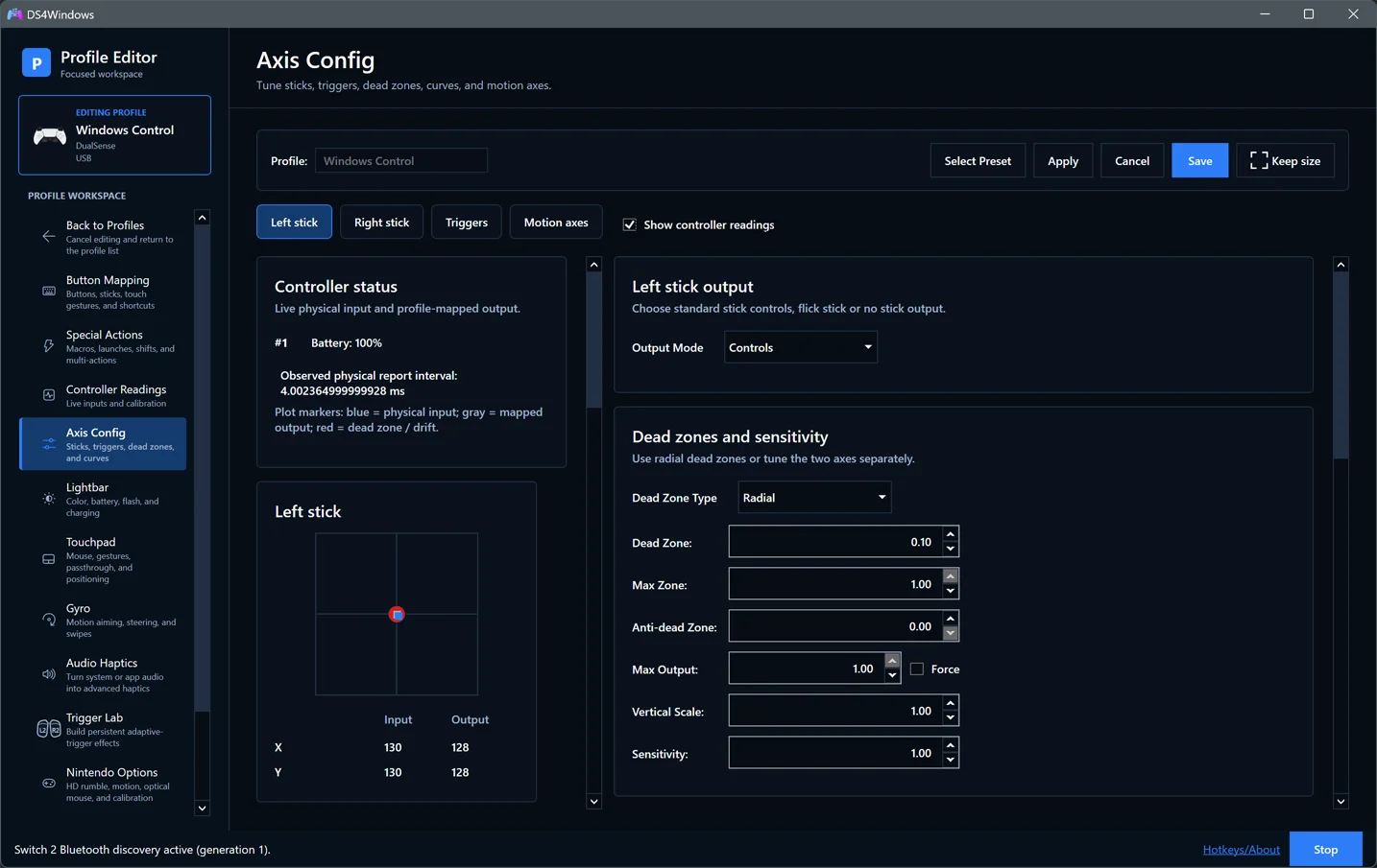 Axis Config with left-stick settings and live controller readings
