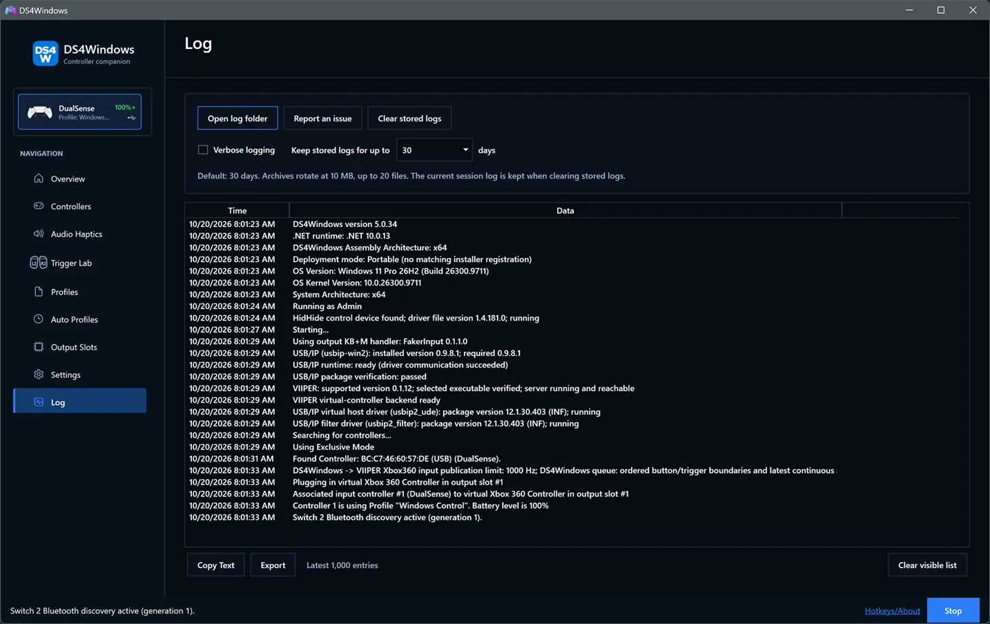 Log page with startup entries, copy, export, verbose logging and retention controls