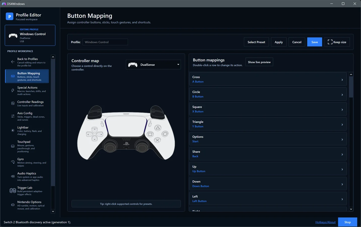 DS4Windows Profile Editor with controller mappings and configuration categories