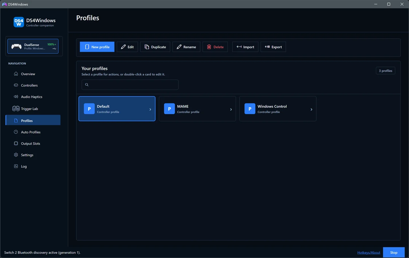 Saved profiles and profile-management controls