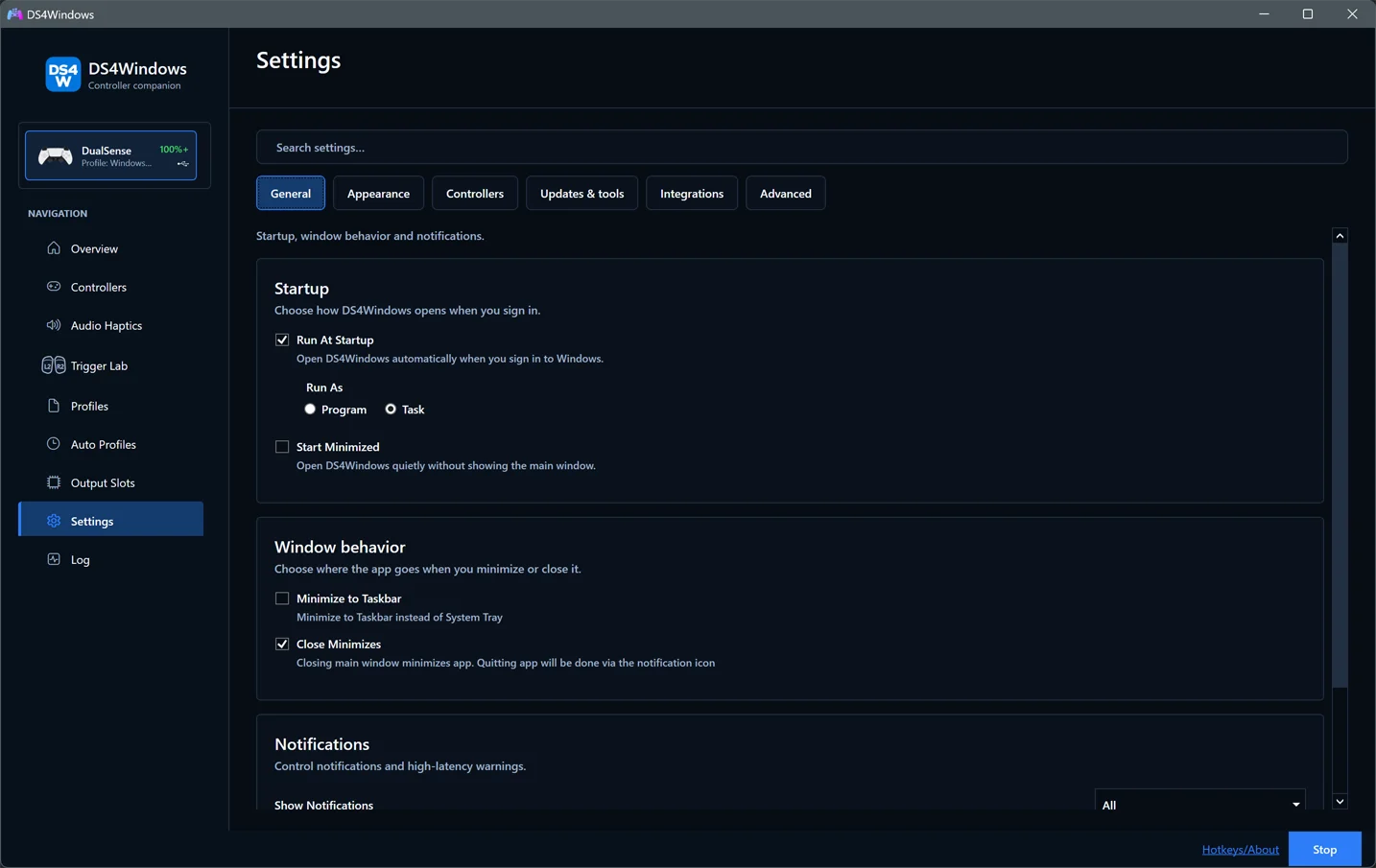 DS4Windows Settings organised into General, Appearance, Controllers, Updates and tools, Integrations and Advanced