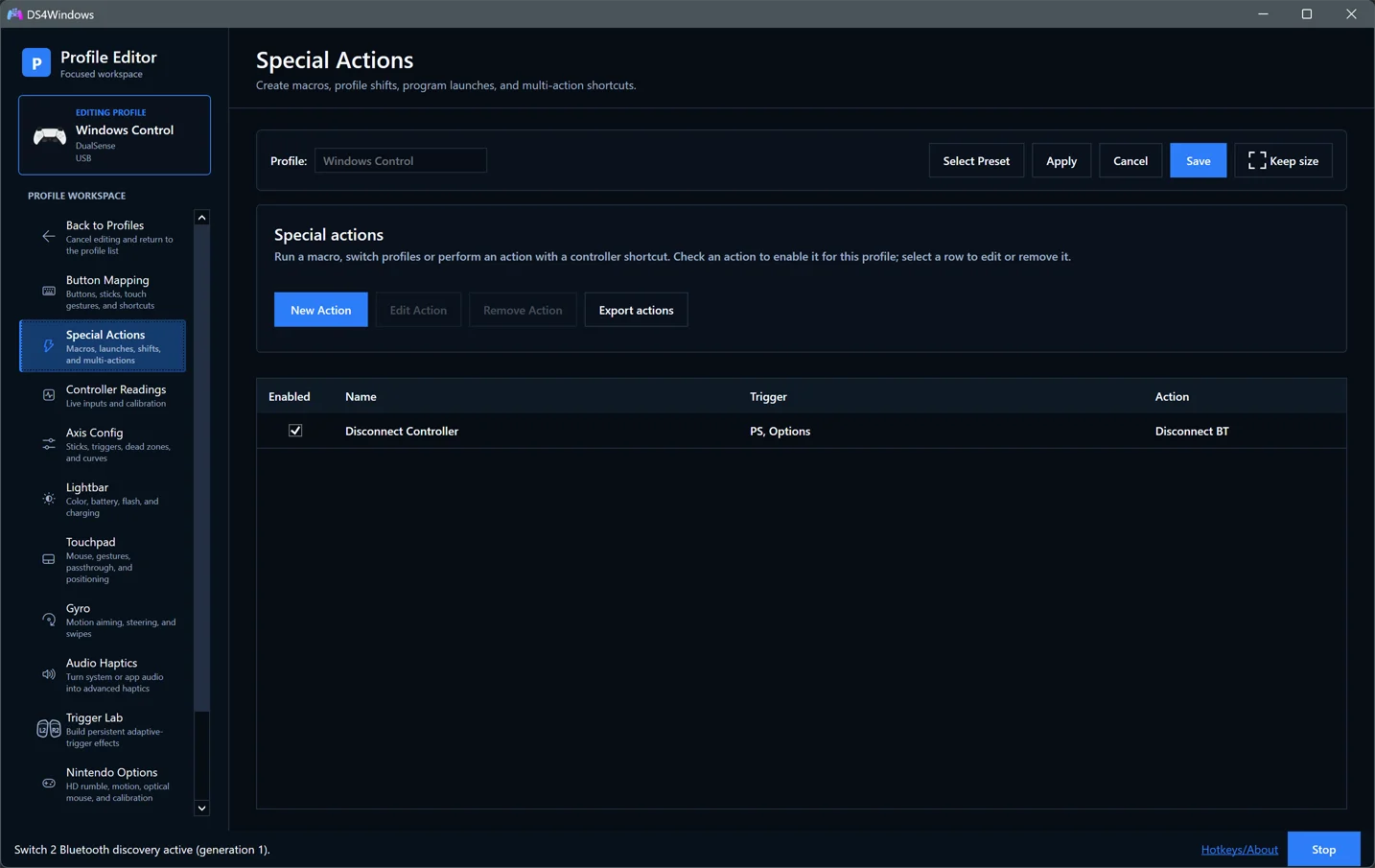 Special Actions with an enabled controller-disconnect shortcut