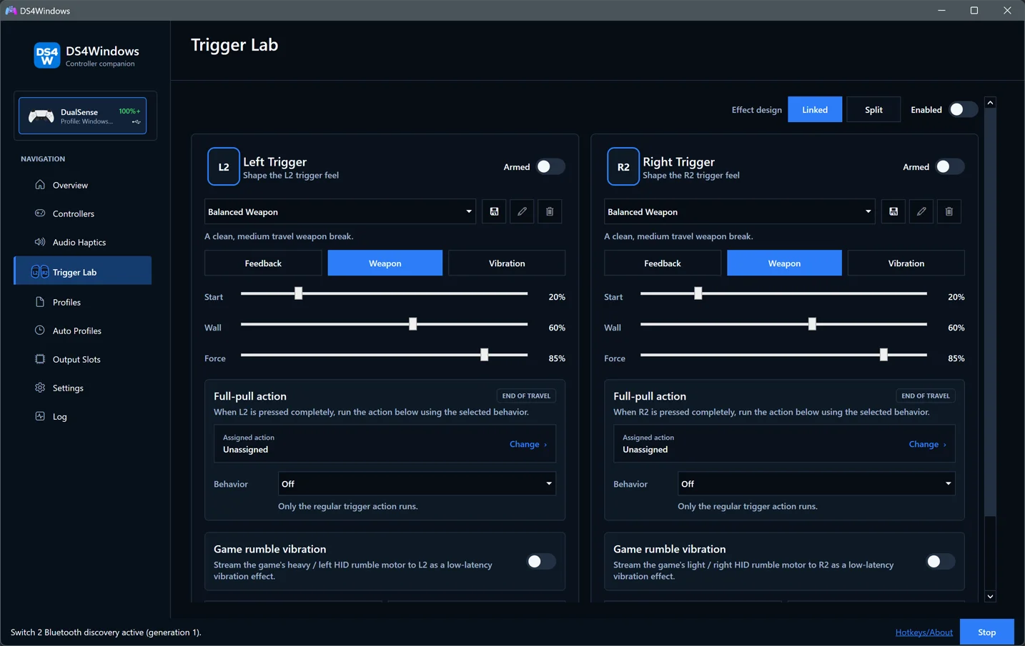 Trigger Lab with linked left and right trigger controls